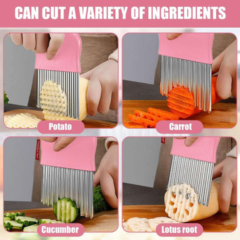 Front view of pink-handled stainless steel crinkle cutter slicing potato into crinkle-cut sticks
Side view of pink-handled stainless steel crinkle cutter slicing carrot into wavy sticks
Front view of pink-handled stainless steel crinkle cutter slicing cucumber into crinkle-cut slices
Front view of pink-handled stainless steel crinkle cutter slicing lotus root into crinkle-cut rounds