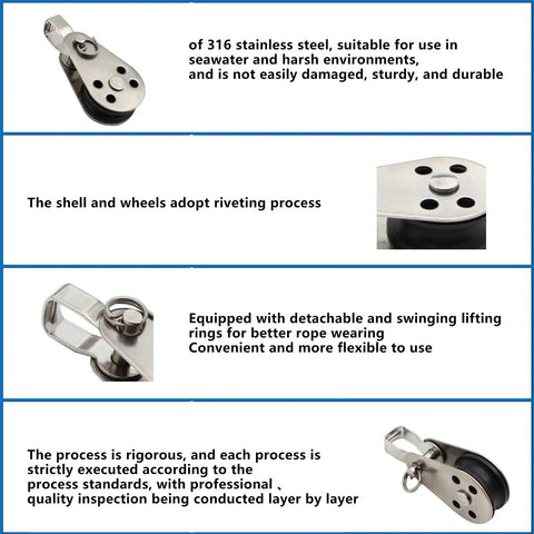 Heavy Duty Nylon Marine Pulley Set Stainless Steel Bearing Rope Runner Blocks for Kayaks Sailboats Yachts detail view