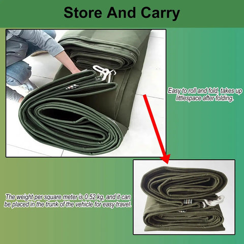 Person folding Durable Foldable Canvas Cargo Chute With Weather Resistant Build Ten By One And A Half Meter Size Loading And Unloading Slide For High Rise Jobs Green Heavy Duty Equipment Access Solution For Easy Gear Handling
