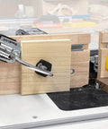 Universal T-Track Clamping System For Woodworking with Non Marring Base shown installed on workbench