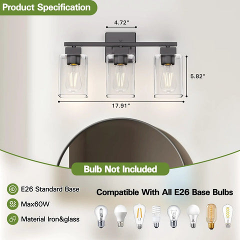Matte Black Bathroom Vanity Light Three Light Fixture Over Mirror With Square Design UL Listed Wall Sconce Clear Glass Shades E26 Socket Bulbs Not Included, shown over mirror with dimensions and bulb compatibility.