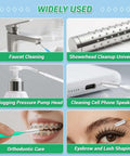 Image showing uses of Shower Head Revival All In One Cleaning Kit With 50 Ultra Fine Nylon Brushes And 20 Surgical Steel Picks: faucet, showerhead, pump, phone speakers, orthodontic, eyebrow.