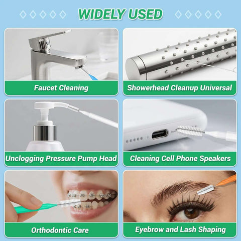 Image showing uses of Shower Head Revival All In One Cleaning Kit With 50 Ultra Fine Nylon Brushes And 20 Surgical Steel Picks: faucet, showerhead, pump, phone speakers, orthodontic, eyebrow.