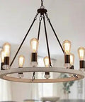 Farmhouse Wagon Wheel Chandelier Eight Light Oak White Frame With Orb Accents over modern dining room