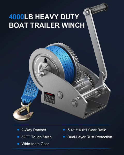 Beefy 4000 Pound Boat Trailer Winch With Strap Heavy Duty Hand Winch For Boats And Tough Towing Tasks Dual Speed System 5.4 To 1 And 16.6 To 1 High Carbon Steel Gears, 32 ft strap