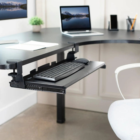 Rock Solid Slide Out Keyboard Tray For Corner Desk Effortless Gliding Computer Drawer With Swivel Clamps Black mounted beneath desk