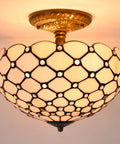 Tiffany Style Cream Amber Stained Glass Ceiling Light Fixture 12 Inch Semi Flush Mount With Antique Green Bronze Base And 11 Inch Height