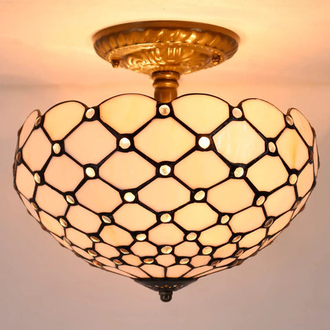 Tiffany Style Cream Amber Stained Glass Ceiling Light Fixture 12 Inch Semi Flush Mount With Antique Green Bronze Base And 11 Inch Height