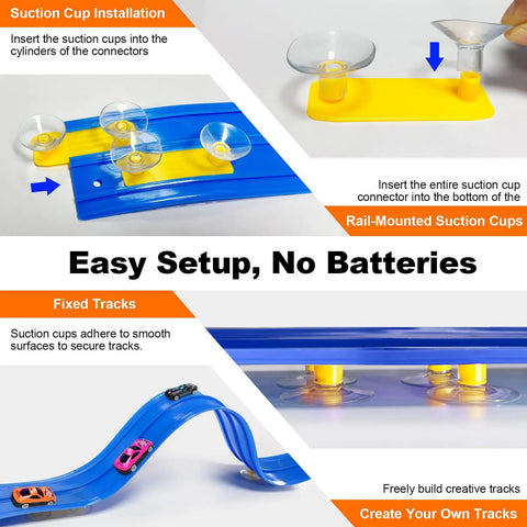 Instruction guide demonstrating suction cup installation on 15 Foot Flexible Double Lane Race Track For 1 64th Diecast Cars.