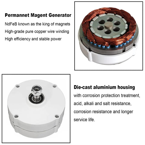 Top view of 100W 12V 24V Permanent Magnet Generator with copper wire winding and aluminum housing for off-grid DIY use.