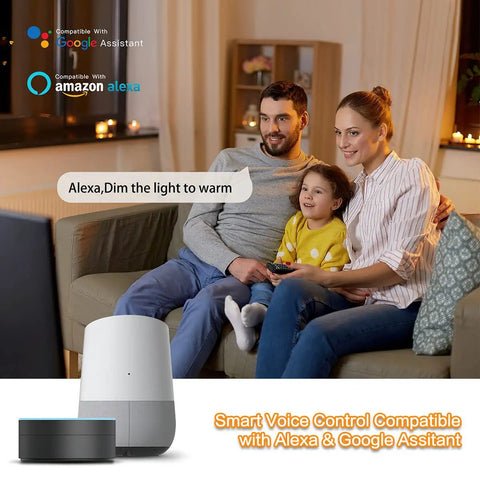 Family using app to control Outdoor LED Flood Lights Lit RGB Color Changing Smart Landscape Lights with Alexa voice command