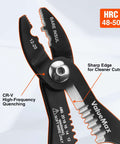 Valuemax 4-in-1 wire stripper tool, black with orange trim, close-up of jaws and serrated edge
