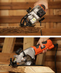 Yunirvana mini circular saw with orange housing and laser guide; front and side views show blade.
