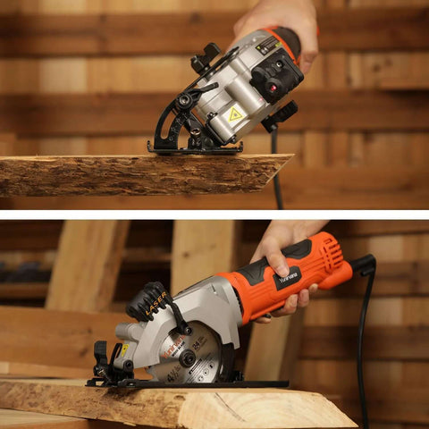 Yunirvana mini circular saw with orange housing and laser guide; front and side views show blade.