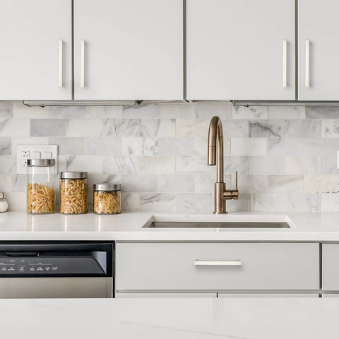 Kitchen with 30 Pack Brushed Nickel Square Cabinet Handles For Cabinets And Drawers Stainless Steel Cupboard Pulls on white cabinets.