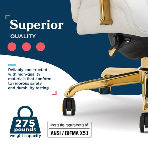 Symphony Ergonomic Bonded Leather Swivel Executive Chair with white upholstery and gold base, close-up of wheel and frame.