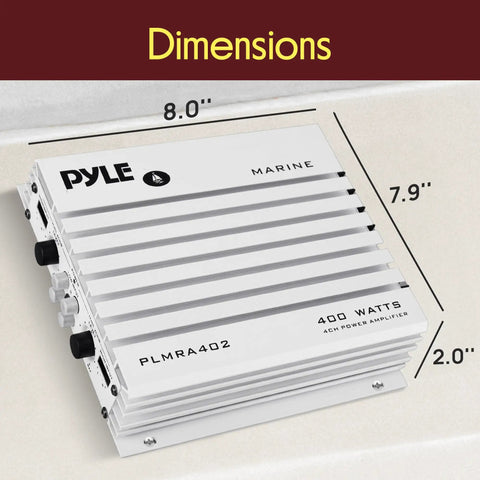 Hydra Marine 400W 4 Channel Amplifier Waterproof With Dual MOSFET Power Supply Gain Controls RCA Input LED Indicator shown with dimensions