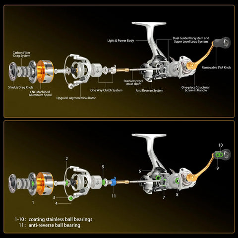 Exploded view of Speedy Spinning Reel With 6.2 To 1 Gear Ratio And 10 Plus 1 Corrosion Resistant Bearings for freshwater saltwater use