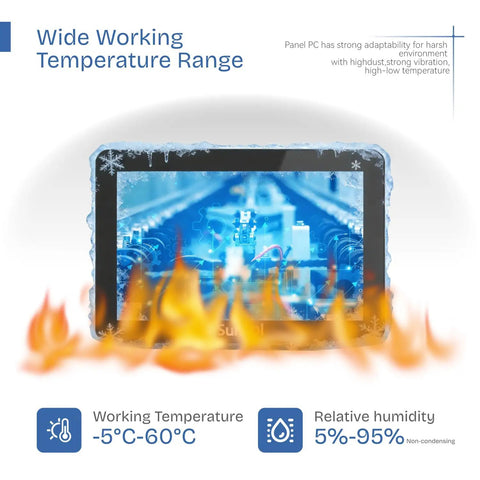 15.6 Inch Rugged Industrial Panel PC With 10 Point Capacitive Touch 1920x1080, VESA Bracket, Windows 11 showing temperature range