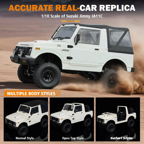 One To Ten Scale RC Crawler Inspired by Suzuki Jimny JA11 4x4 off-road truck with LED lights and durable ABS body in action.