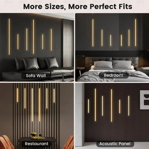 6-Lights LED Recessed Lighting Wall Panel Lights,Self-Adhesive Wood Slat Wall Panel Strip Light,4000K Touchable Switch Dimmable LED Aluminum Channel lamp,Under Cabinet Light(39in+31.5in+23.6in) in modern room settings including sofa wall and bedroom.