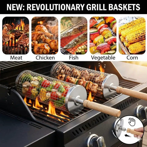Nesting Stainless Steel Grill Basket Set 2 Pieces for veggies shrimp fish and meat with rotating outdoor BBQ grilling accessories
