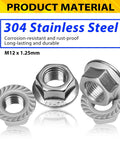 Heavy Duty M12 x 1.25mm Serrated Flange Nut Set, Hex Lock Nuts In 304 Stainless Steel, shown with 15mm hex width, 10 pack
