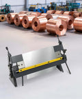 24 Inch Pan And Box Brake 0 To 135 Degree Manual Sheet Metal Bender With Removable Fingers in a workshop with copper rolls