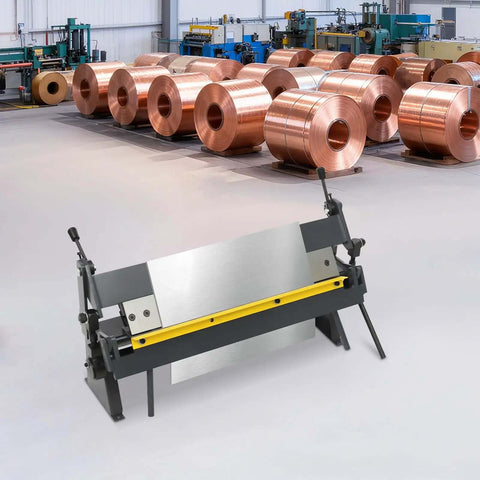 24 Inch Pan And Box Brake 0 To 135 Degree Manual Sheet Metal Bender With Removable Fingers in a workshop with copper rolls
