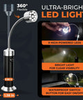 Night Chef Magnetic Grill Light with 9 ultra bright LEDs, 360 degree gooseneck and magnetic base shown with measurements.