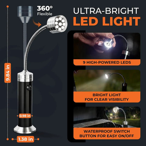 Night Chef Magnetic Grill Light with 9 ultra bright LEDs, 360 degree gooseneck and magnetic base shown with measurements.