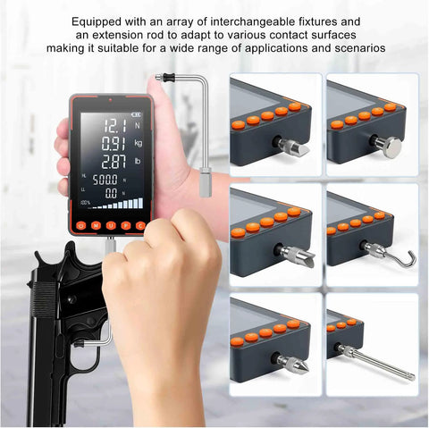 Pro Grade Digital Trigger Pull Gauge And Force Meter With 500N Capacity Big LCD Display Shows N Kg And Lb In Real Time Peak And Auto Peak Modes Data Software Calibration Certificate Great For Push Pull Tests And Quality Control. digital trigger pull gauge with interchangeable fixtures and extension rod for push-pull testing