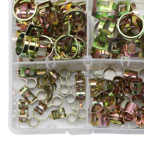 Grab This Ultimate 130Pc Hose Spring Clamp Fastener Assortment Kit With Ten Sizes From 6 To 22mm For Tough Auto Repairs And DIY Jobs Featuring Durable Spring Steel Construction That Holds Up Great. assorted spring steel hose clamps in plastic case, 6-22mm, for auto repairs