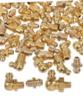 Brass pieces from Complete 60-Piece Grease Fitting Kit SAE To 4-28, Straight, 45 Degree And 90 Degree Angles, displayed on a surface.