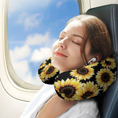 Woman using Comfy Travel Neck Pillow For Women on airplane, black yellow sunflower design, soft polyester material