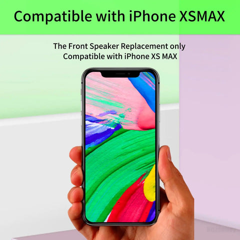 Front view of iPhone XS Max showing compatibility with the Front Earpiece Speaker Drop In Replacement For iPhone XS Max With Ambient Light Sensor And Proximity Sensor Flex Cable Assembly New A1921 A2101 A2102 A2103 A2104.