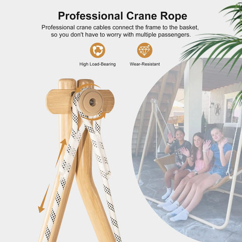 Professional crane rope with high load-bearing and wear-resistant qualities, connecting frame of swing chair with people using it.