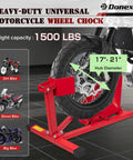 Heavy Duty Motorcycle Wheel Chock And Front Tire Stand For 17 To 21 Inch Rigs Adjustable 1500 Lb Capacity Red Steel Trailer Stand