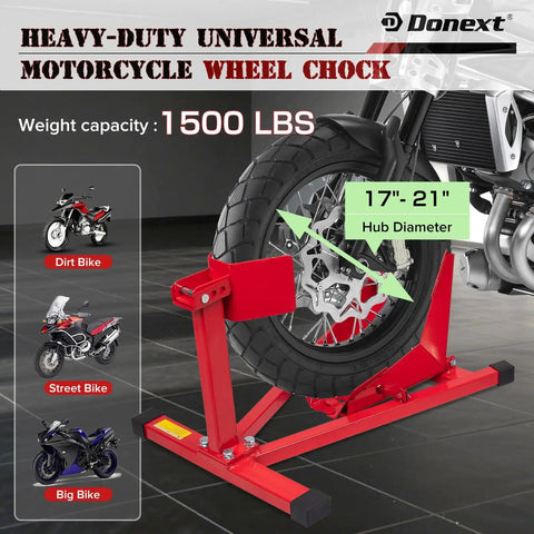 Heavy Duty Motorcycle Wheel Chock And Front Tire Stand For 17 To 21 Inch Rigs Adjustable 1500 Lb Capacity Red Steel Trailer Stand
