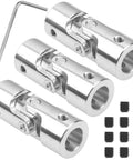 Three chrome universal U-joint couplers with Allen wrench for 12mm–12mm shafts, suitable for RC boats and robotics.