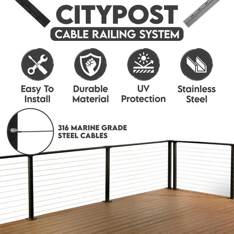 Complete 30 Ft Cable Railing Kit For Decks And Patios With Marine Grade Stainless Steel Wire and durable posts on modern deck.