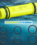 2 Pack IPX8 Waterproof Diving Flashlight Rechargeable Scuba Light With 3 Modes showcasing yellow body and 6 O-rings