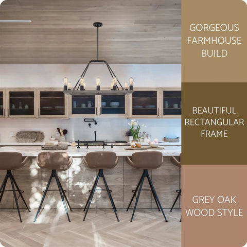 Farmhouse Kitchen Island Light With Ten Lights Rectangular Tapered Open Frame In Gray Oak Finish Rustic Modern Pendant Fixture For Big Kitchen Islands Industrial Style Chandelier That Brings Warm Bright Glow above kitchen counter
