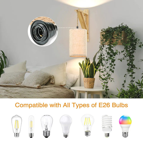 Hemp Rope Plug In Wall Lights Set Of Two With Wood Shelf Brackets, easy adjustable 15 ft cord, bedroom decor, compatible bulbs shown