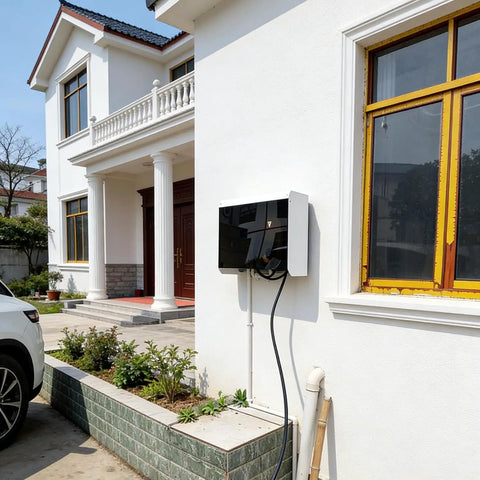 Badass Wall Mounted EV Charger Guard, All Weather Kickin Shield For Outdoor Electric Vehicle Stations, mounted on house wall.