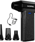 Powerful Brushless Air Duster With Rechargeable Battery, 3 Speed Electric Blower Delivers 110000 RPM, shown with nozzles and USB cable