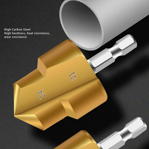 Smooth Pipe Reamer Bit Kit For Plastic Tubing That Makes Big Holes Quick And Easy Without Messing Up The Fitment On PVC Or PPR Pipes With Heavy Duty High Carbon Steel Construction For Fast Drilling Jobs. 24mm high carbon steel pipe reamer bit with drill shank on PVC pipe