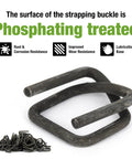Phosphated metal buckle from Heavy Duty Manual Banding Strapping Kit featuring rust resistance, wear resistance, and lubrication base.