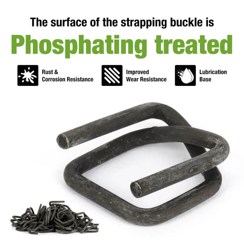 Phosphated metal buckle from Heavy Duty Manual Banding Strapping Kit featuring rust resistance, wear resistance, and lubrication base.