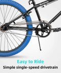 Close-up of 24 Inch Kids Freestyle BMX Bike For Beginners For Boys And Girls Aged 7 To 12, steel frame, blue tires, drivetrain
